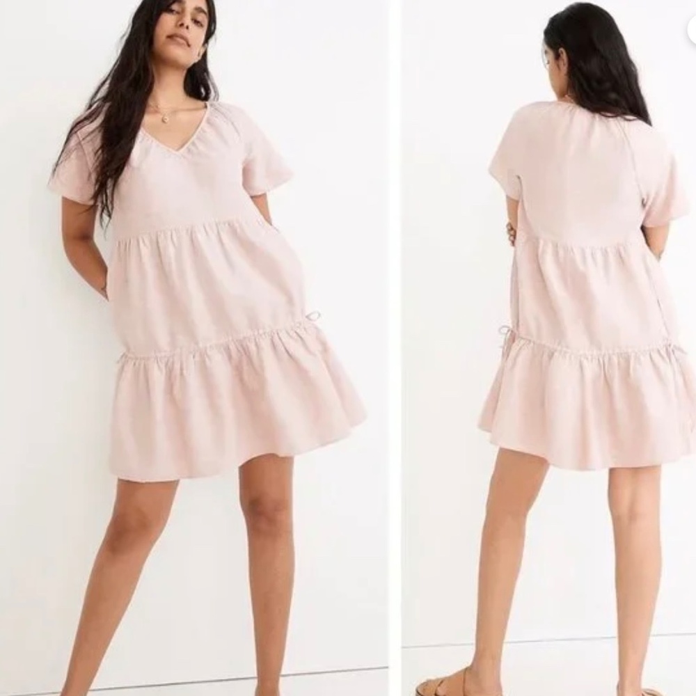 Madewell Pale Pink Ruffled Linen-Blend Lorelei Mini Dress Size L